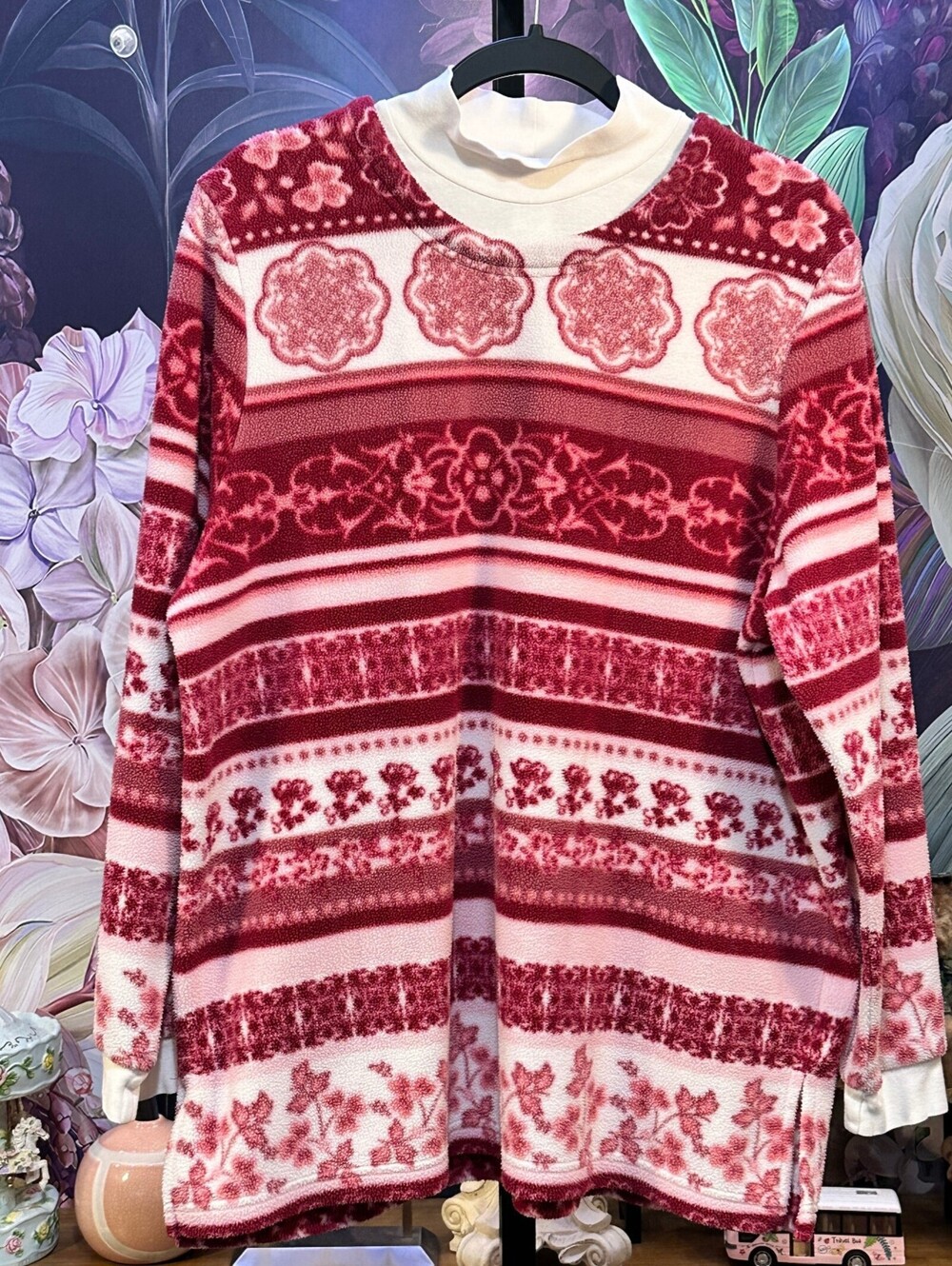 Blair L Fleece Tunic Cottagecore Romantic Folk Boho Floral Stripe Mock Neck